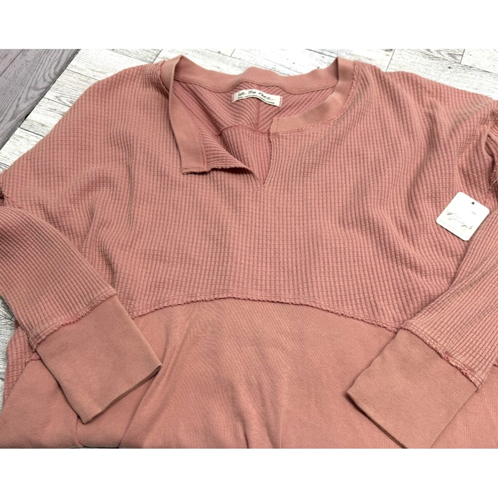 NWT FREE PEOPLE Rosie Pink‎ Monterey Pieced Waffle Knit Oversized Top Size SMALL